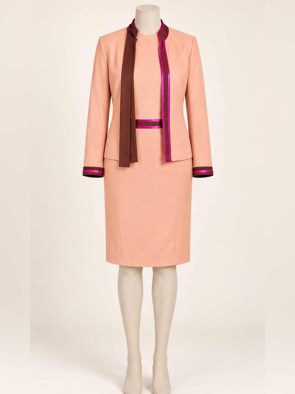Harvey Benard Peach Trim Skirt Suit — Size 12 Tall  A polished peach skirt suit